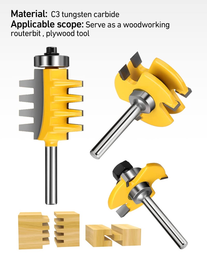 Jooyle 1/4-Inch Shank Tongue and Groove Router Bits Set & Reversible Finger Joint Router Bit, 3 Pack Router Bit Set, Woodworking Chisel Cutter for Density Boards, Solid Wood, MDF, Chipboard, Splints, Etc - Image 2