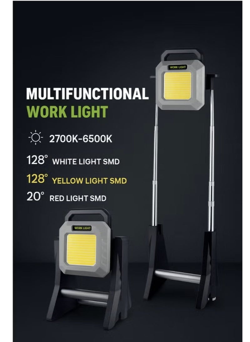مصباح عمل احترافي شديد التحمل مع حامل تلسكوبي قابل لإعادة الشحن وبنك طاقة متعدد الوظائف، 3000 لومن، إضاءة قابلة للتعديل، بطارية 10000 مللي أمبير في الساعة، بنك طاقة للجوال - Image 1