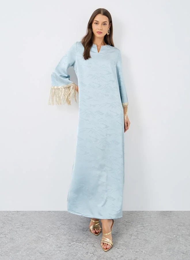 Amirah Amirah Jacquard Notch Neck Tasseled Jalabiya