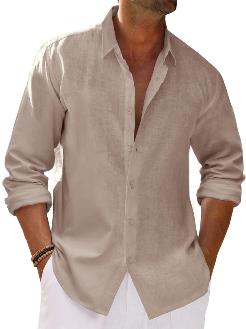 Runcati Mens Button Down Shirt Cotton Linen Casual Long Sleeve Shirts Collared Hippie Beach Tops Khaki - Image 1