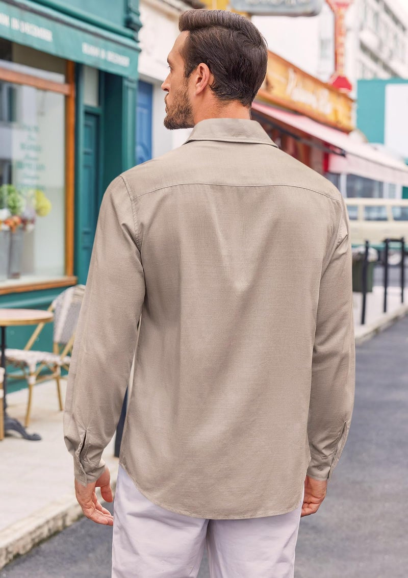 Runcati Mens Button Down Shirt Cotton Linen Casual Long Sleeve Shirts Collared Hippie Beach Tops Khaki - Image 4