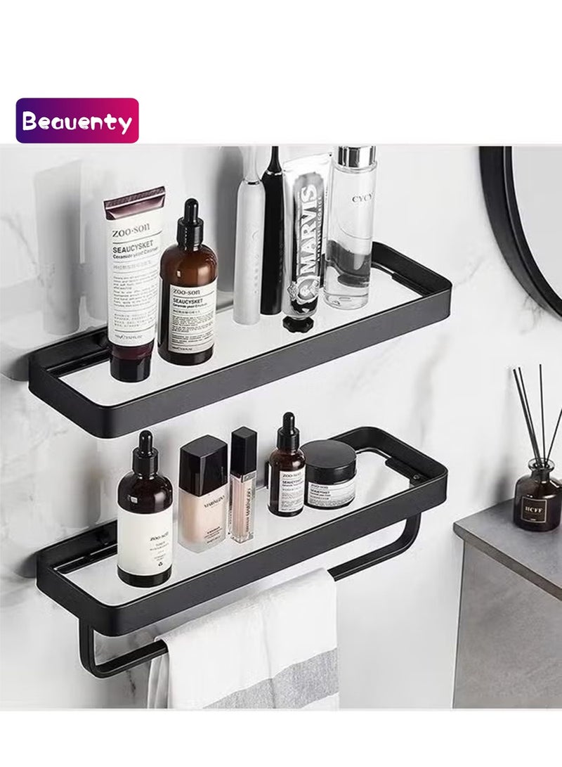 Beauenty Bathroom Shelves Wall Mounted Glass Shelves for Bathroom Floating Shelf with Towel Holder Glass Shower Shelf 2 Tier Bathroom Wall Organizer Black - Image 1