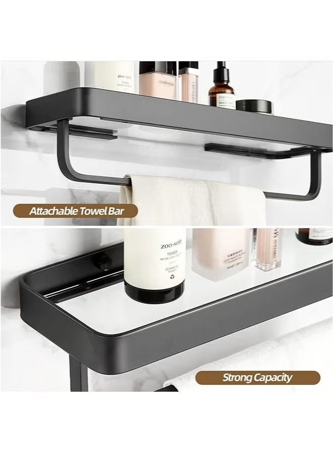 Beauenty Bathroom Shelves Wall Mounted Glass Shelves for Bathroom Floating Shelf with Towel Holder Glass Shower Shelf 2 Tier Bathroom Wall Organizer Black - Image 4