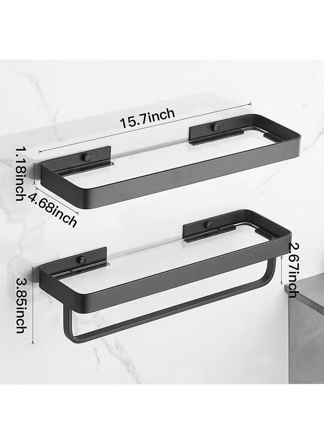 Beauenty Bathroom Shelves Wall Mounted Glass Shelves for Bathroom Floating Shelf with Towel Holder Glass Shower Shelf 2 Tier Bathroom Wall Organizer Black - Image 3