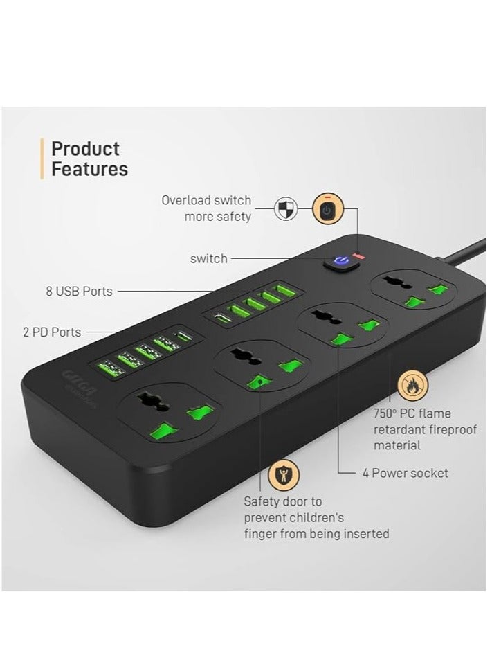 Gizga Essentials Power Extension Board 8 USB 4.2A Ports, 2 PD 20W Ports, 4 Universal Thermal Trip Electrical Multi Plug Sockets, Surge Protection, Spike Guard, 3000W 16A, Flame Proof, 2m Cord Length - Image 4