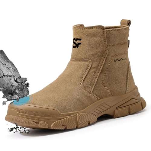 SFSDOUN Work Boots for Men Slip On Welding Boots for Men Indestructible Steel Toe Boots Men's Steel Toe Shoes Fireproof Safety Toe Shoes Construction Boots for Welder Men's Work Shoes. Deep Brown - Image 1