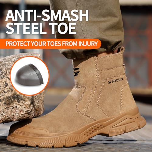 SFSDOUN Work Boots for Men Slip On Welding Boots for Men Indestructible Steel Toe Boots Men's Steel Toe Shoes Fireproof Safety Toe Shoes Construction Boots for Welder Men's Work Shoes. Deep Brown - Image 3