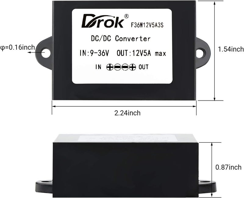 دروك مثبت DROK DC-DC، محول رفع وخفض 9V-36V إلى 12V بقدرة 5A و60W، منظم جهد تلقائي مقاوم للماء لرفع وخفض الجهد، محول فولت 12V لأنظمة الطاقة الشمسية والسماعات السيارة وشاشات التلفزيون LCD وشاشات العرض LED. - Image 3