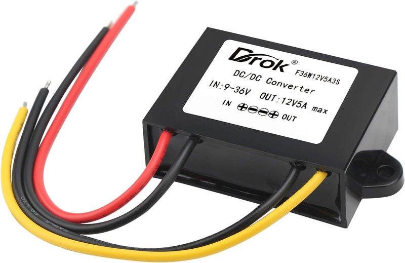 دروك مثبت DROK DC-DC، محول رفع وخفض 9V-36V إلى 12V بقدرة 5A و60W، منظم جهد تلقائي مقاوم للماء لرفع وخفض الجهد، محول فولت 12V لأنظمة الطاقة الشمسية والسماعات السيارة وشاشات التلفزيون LCD وشاشات العرض LED. - Image 1