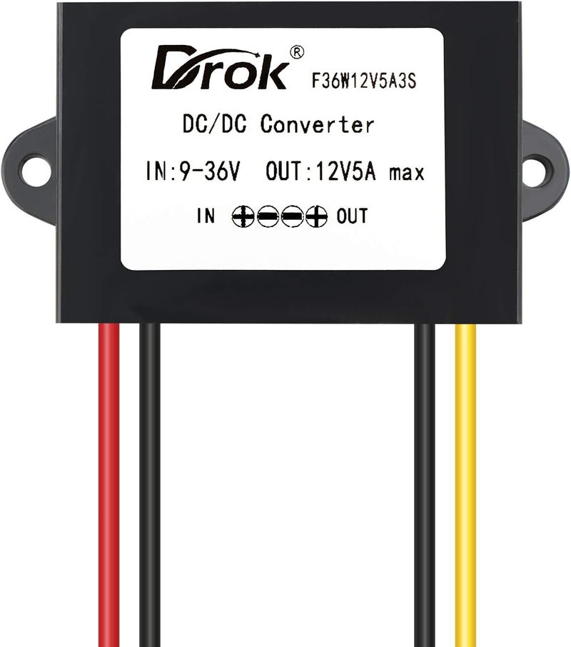 دروك مثبت DROK DC-DC، محول رفع وخفض 9V-36V إلى 12V بقدرة 5A و60W، منظم جهد تلقائي مقاوم للماء لرفع وخفض الجهد، محول فولت 12V لأنظمة الطاقة الشمسية والسماعات السيارة وشاشات التلفزيون LCD وشاشات العرض LED. - Image 2