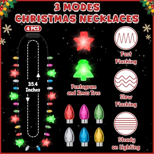 Traplace 4 PCS Christmas Light Up Necklaces 8 LED Bulbs Light Up Christmas Necklace 3 Modes Colorful Xmas Party Supplies for Women Xmas Decor for Ugly Sweater Holiday Party Festive Gifts - Image 5