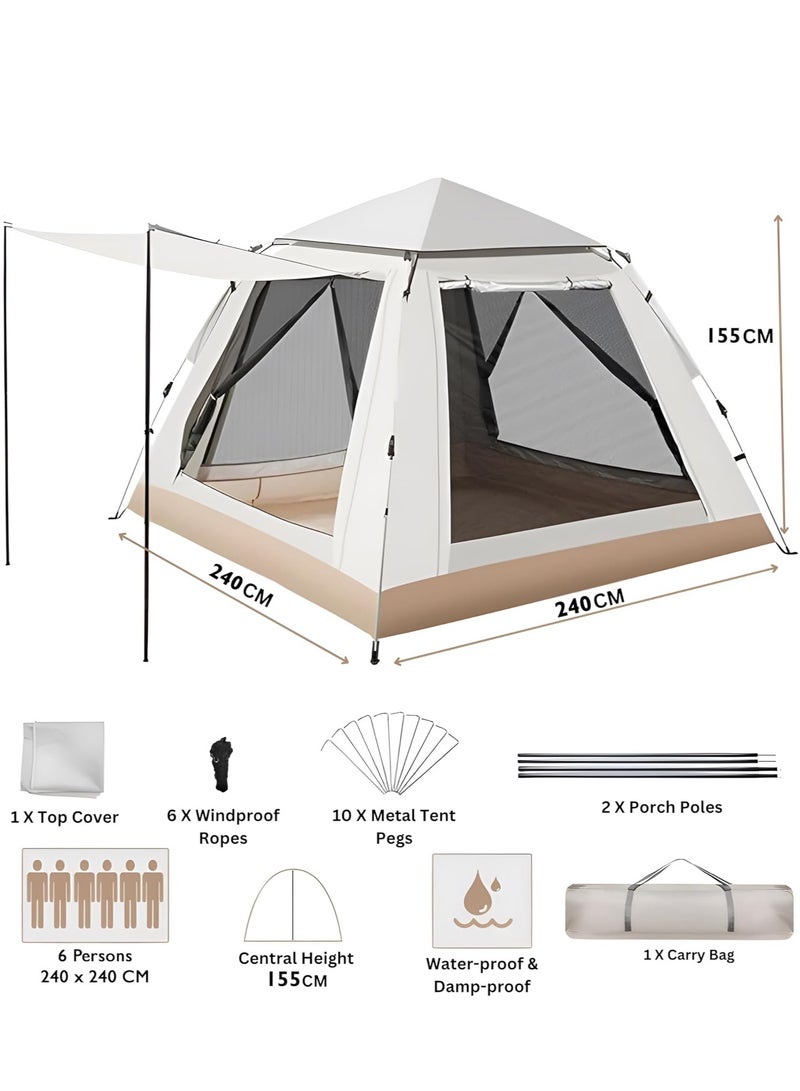 Cyber 6 Person Automatic Camping Tent (240×240×150 cm) | Instant Pop-Up Dome Tent | Portable, Windproof & Lightweight Outdoor Tent for Family Camping, Hiking, Beach & Picnic – Beige - Image 2