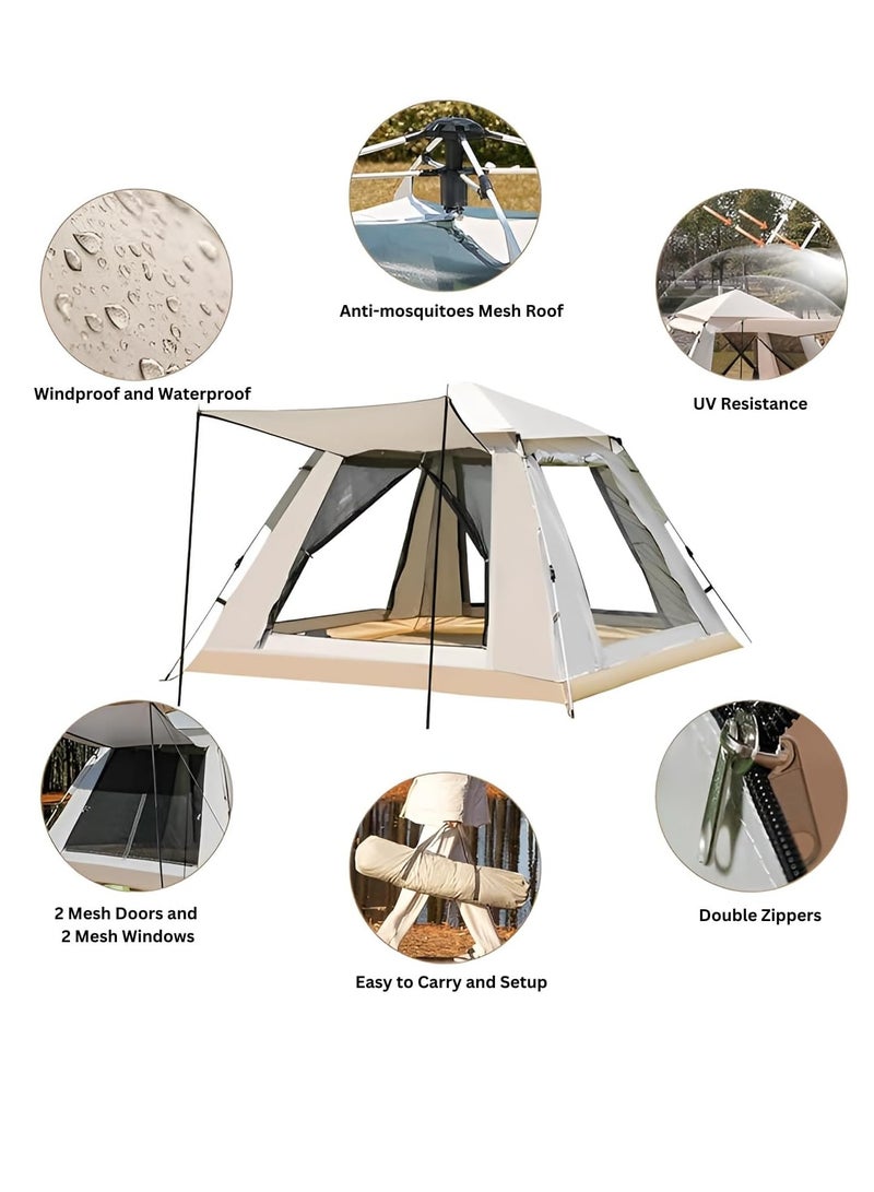 Cyber 6 Person Automatic Camping Tent (240×240×150 cm) | Instant Pop-Up Dome Tent | Portable, Windproof & Lightweight Outdoor Tent for Family Camping, Hiking, Beach & Picnic – Beige - Image 3