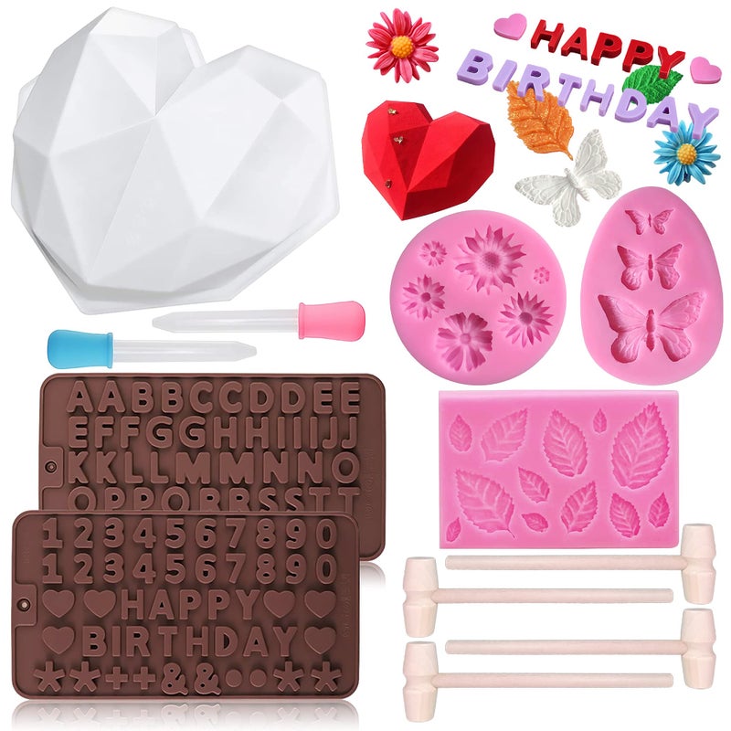 Twavang Chocolate Molds Set of 12 Include Breakable Heart Letter and Number Leaf Daisy Flower Butterfly Mold Wooden Hammers Droppers DIY Baking Tool Set for Cake Mousse Dessert