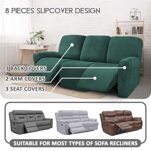 ULTICOR Velvet 8-Pieces Recliner Sofa Covers Stretch Reclining Couch Covers for 3 Cushion Reclining Sofa Slipcovers Furniture Covers Thick Soft Washable (3 Seater Recliner Cover, Retro Green) - Image 2