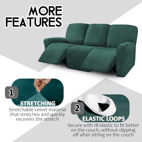 ULTICOR Velvet 8-Pieces Recliner Sofa Covers Stretch Reclining Couch Covers for 3 Cushion Reclining Sofa Slipcovers Furniture Covers Thick Soft Washable (3 Seater Recliner Cover, Retro Green) - Image 4