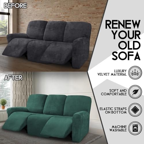 ULTICOR Velvet 8-Pieces Recliner Sofa Covers Stretch Reclining Couch Covers for 3 Cushion Reclining Sofa Slipcovers Furniture Covers Thick Soft Washable (3 Seater Recliner Cover, Retro Green) - Image 5