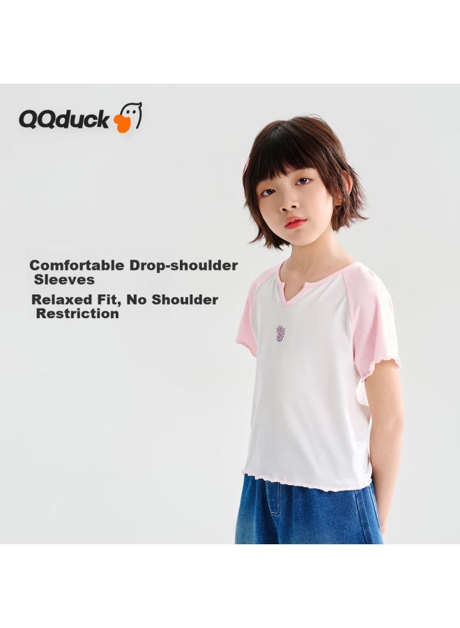 QQ DUCK تي شيرت قصير الأكمام للبنات من كيو كيو داك، ملابس صيفية للأطفال، قمة مزينة بالأحجار الكريمة للطلاب، ملابس شبابية، تصميم قلب ملتصق، أبيض; 140 - Image 4