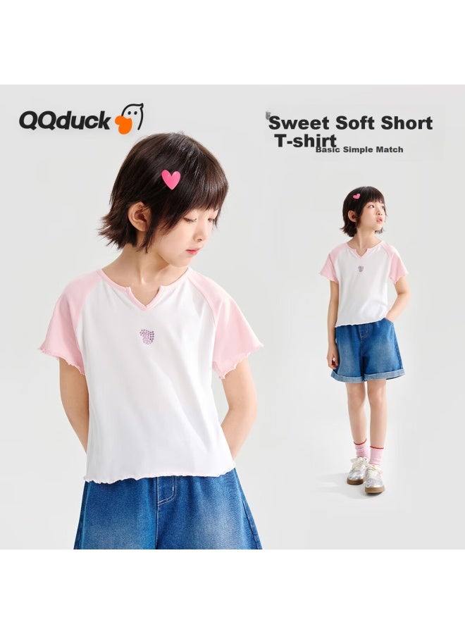 QQ DUCK تي شيرت قصير الأكمام للبنات من كيو كيو داك، ملابس صيفية للأطفال، قمة مزينة بالأحجار الكريمة للطلاب، ملابس شبابية، تصميم قلب ملتصق، أبيض; 140 - Image 1