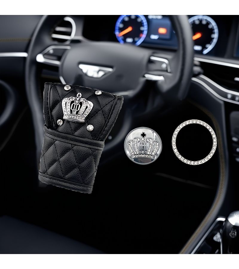 Gear Shift Knob Cover Set 3pcs Car Accessory Gear Lever Cover Shift Knob Decorative Sticker Rhinestone Crown Key Start Button Decoration - Image 5