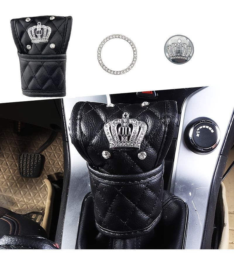 Gear Shift Knob Cover Set 3pcs Car Accessory Gear Lever Cover Shift Knob Decorative Sticker Rhinestone Crown Key Start Button Decoration - Image 3