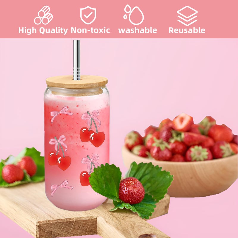 ACUDUDOMA Coquette Cheeries Bows Glass Cup with Clear Gift Bag,16 oz Iced Coffee Cup with Lids and Straws, Aesthetic Glass Tumbler Smoothie Cup Beer Drinking Cup for Girls/Bestfriend/Sister/Girlfriend/Mom - Image 2
