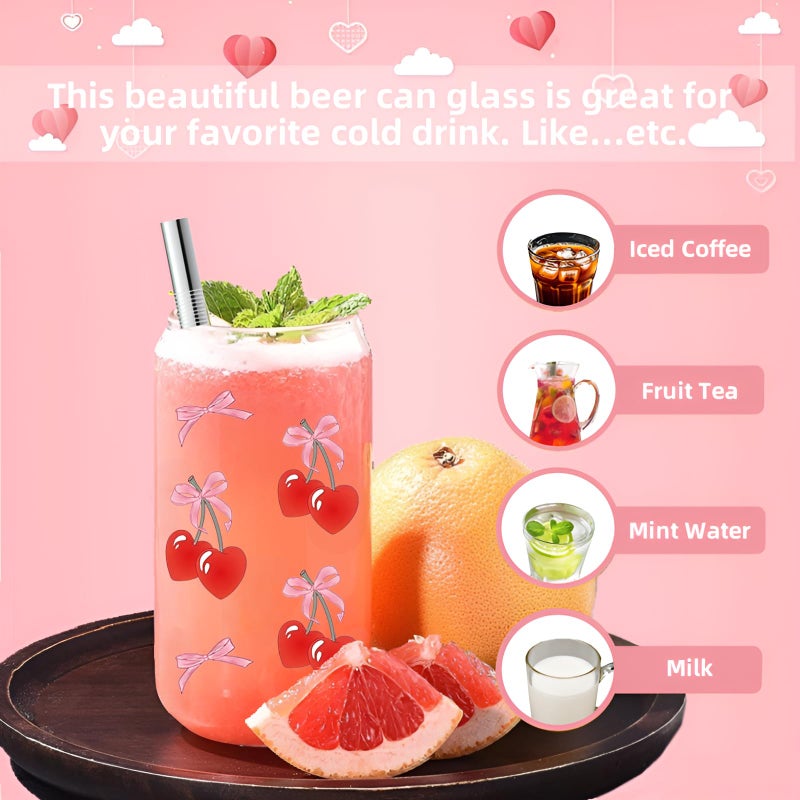 ACUDUDOMA Coquette Cheeries Bows Glass Cup with Clear Gift Bag,16 oz Iced Coffee Cup with Lids and Straws, Aesthetic Glass Tumbler Smoothie Cup Beer Drinking Cup for Girls/Bestfriend/Sister/Girlfriend/Mom - Image 4
