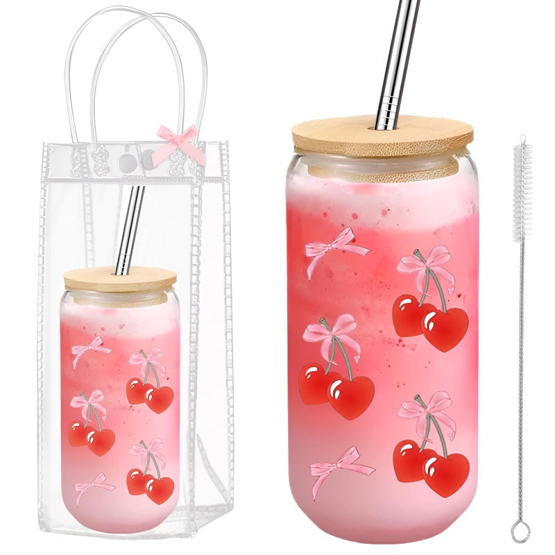 ACUDUDOMA Coquette Cheeries Bows Glass Cup with Clear Gift Bag,16 oz Iced Coffee Cup with Lids and Straws, Aesthetic Glass Tumbler Smoothie Cup Beer Drinking Cup for Girls/Bestfriend/Sister/Girlfriend/Mom - Image 1