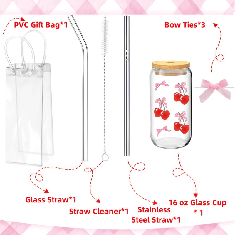 ACUDUDOMA Coquette Cheeries Bows Glass Cup with Clear Gift Bag,16 oz Iced Coffee Cup with Lids and Straws, Aesthetic Glass Tumbler Smoothie Cup Beer Drinking Cup for Girls/Bestfriend/Sister/Girlfriend/Mom - Image 3