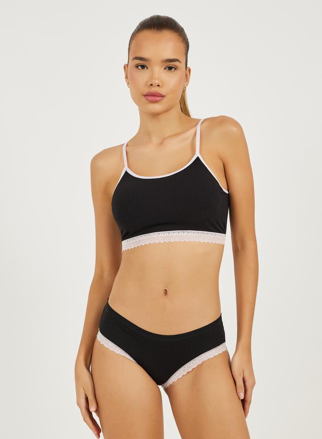 Styli Ribbed Lace Trim Padded Back Bow Detail Crop Top & Bikini Set  - Image 1