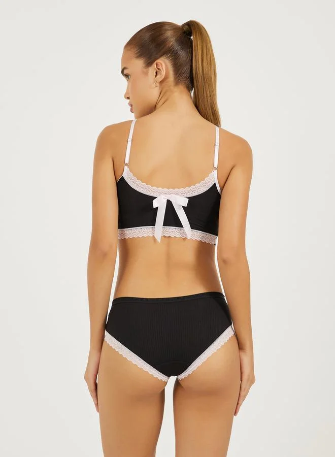 Styli Ribbed Lace Trim Padded Back Bow Detail Crop Top & Bikini Set