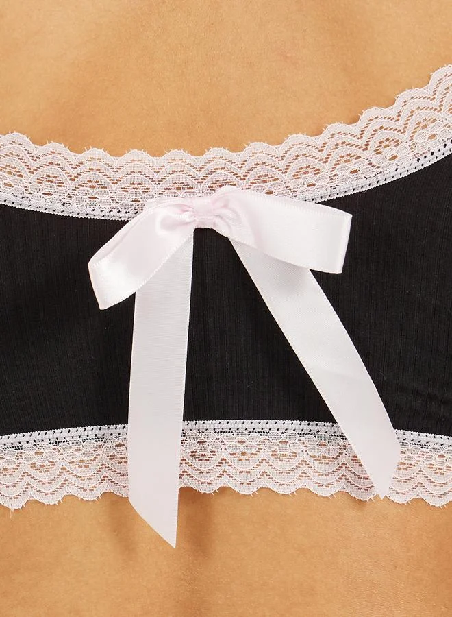 Styli Ribbed Lace Trim Padded Back Bow Detail Crop Top & Bikini Set