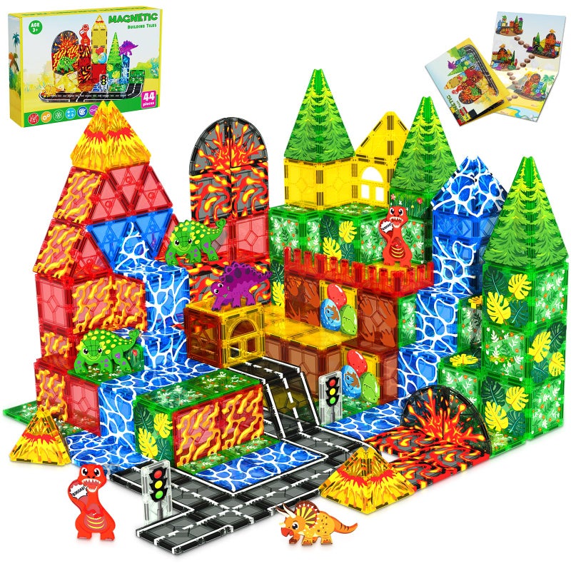 Magnetopia Dinosaur Toys Magnetic Tiles for Kids 3-5, Lava Dinosaur World Set Magnet Tiles for Kids Ages 4-8 5-7, Toddler Magnets Building Toys STEM Learning Sensory Birthday Gifts for 3+ Years Old Boys Girls - Image 1