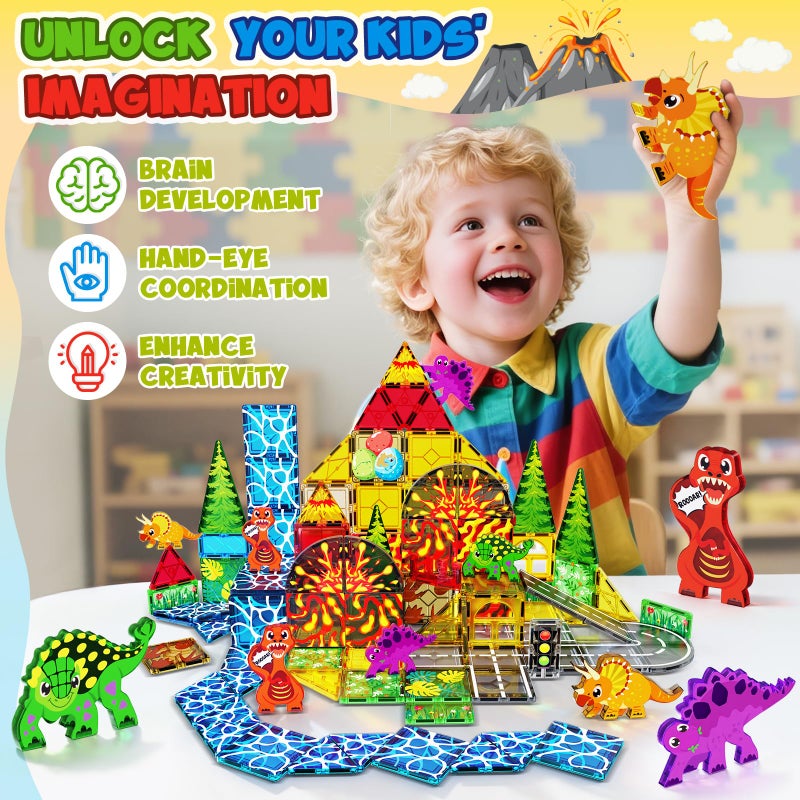 Magnetopia Dinosaur Toys Magnetic Tiles for Kids 3-5, Lava Dinosaur World Set Magnet Tiles for Kids Ages 4-8 5-7, Toddler Magnets Building Toys STEM Learning Sensory Birthday Gifts for 3+ Years Old Boys Girls - Image 2