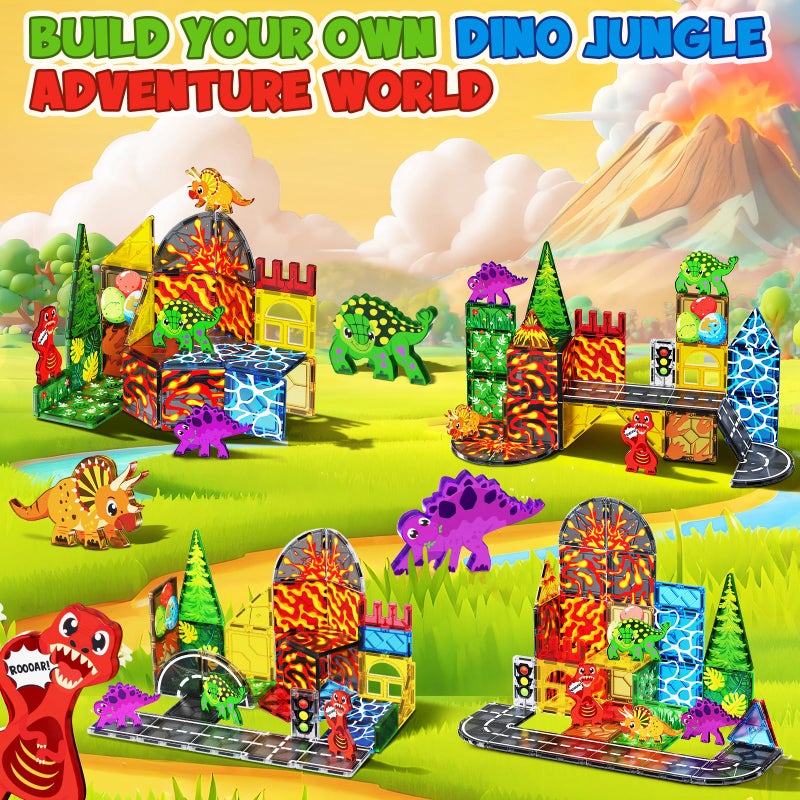 Magnetopia Dinosaur Toys Magnetic Tiles for Kids 3-5, Lava Dinosaur World Set Magnet Tiles for Kids Ages 4-8 5-7, Toddler Magnets Building Toys STEM Learning Sensory Birthday Gifts for 3+ Years Old Boys Girls - Image 3
