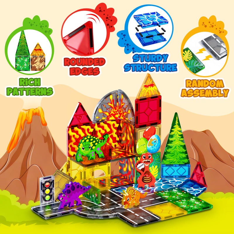Magnetopia Dinosaur Toys Magnetic Tiles for Kids 3-5, Lava Dinosaur World Set Magnet Tiles for Kids Ages 4-8 5-7, Toddler Magnets Building Toys STEM Learning Sensory Birthday Gifts for 3+ Years Old Boys Girls - Image 4