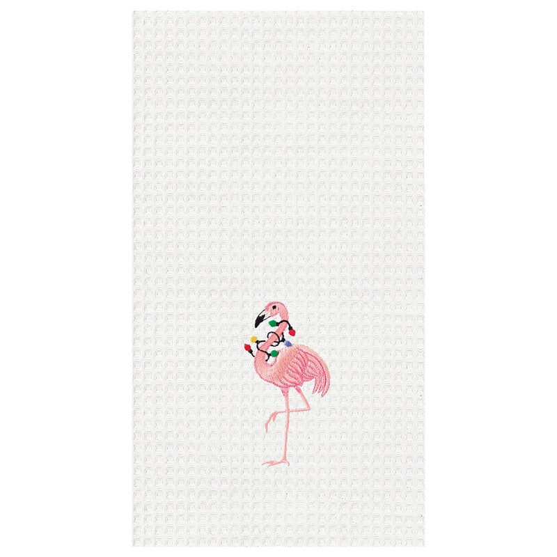 CF Home Flamingo With Lights Cotton Christmas Embroidered Waffle Weave Kitchen Towel Decor Decoration 18 x 27 Pink