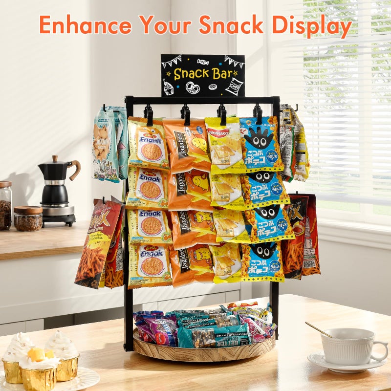 Poyilooo Chip Rack Display Stand, 4 Tier 32 Clip Clips Snack Bar Organizer with Tray, 360Â° Rotation Candy Display Rack for Party Kitchen Office, Retail Snack Display for Store Countertop (Black) - Image 2