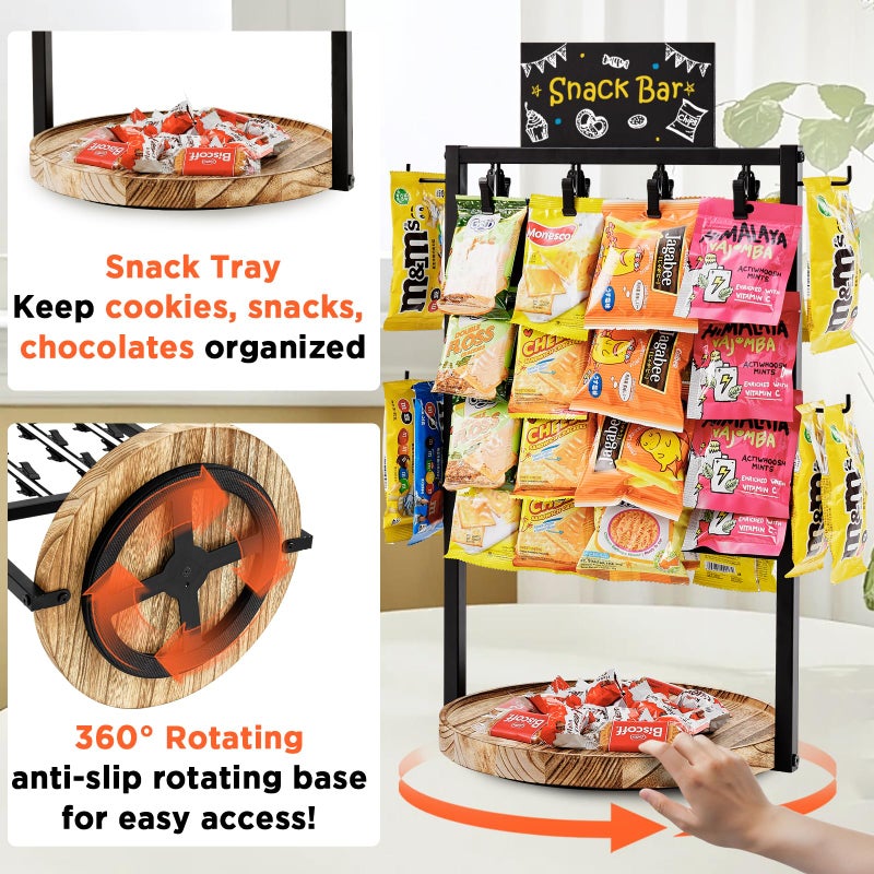 Poyilooo Chip Rack Display Stand, 4 Tier 32 Clip Clips Snack Bar Organizer with Tray, 360Â° Rotation Candy Display Rack for Party Kitchen Office, Retail Snack Display for Store Countertop (Black) - Image 4
