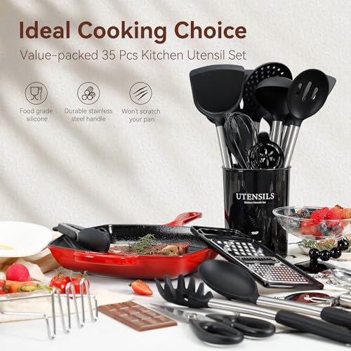 NCUE Silicone Cooking Utensils Set, NCUE 35 Pcs Kitchen Utensils Set with Holder, with Stainless Steel Handle Spatula Set, Spoons, Pasta Server, Cheese Grater, Masher, Scissors, Dishwasher Safe (Black) - Image 2