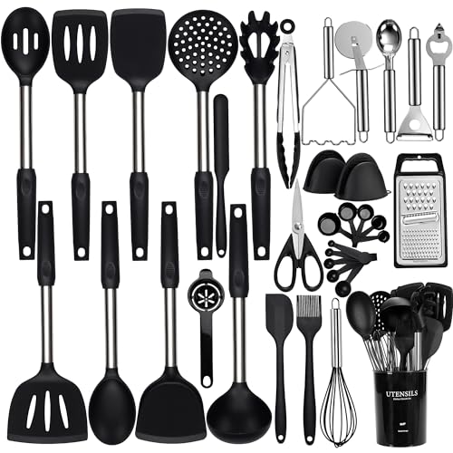 NCUE Silicone Cooking Utensils Set, NCUE 35 Pcs Kitchen Utensils Set with Holder, with Stainless Steel Handle Spatula Set, Spoons, Pasta Server, Cheese Grater, Masher, Scissors, Dishwasher Safe (Black) - Image 1