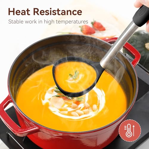 NCUE Silicone Cooking Utensils Set, NCUE 35 Pcs Kitchen Utensils Set with Holder, with Stainless Steel Handle Spatula Set, Spoons, Pasta Server, Cheese Grater, Masher, Scissors, Dishwasher Safe (Black) - Image 3
