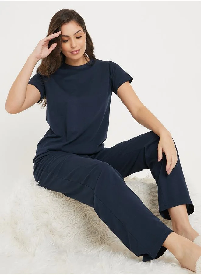 Styli Solid Cotton T-Shirt & Pyjama Set