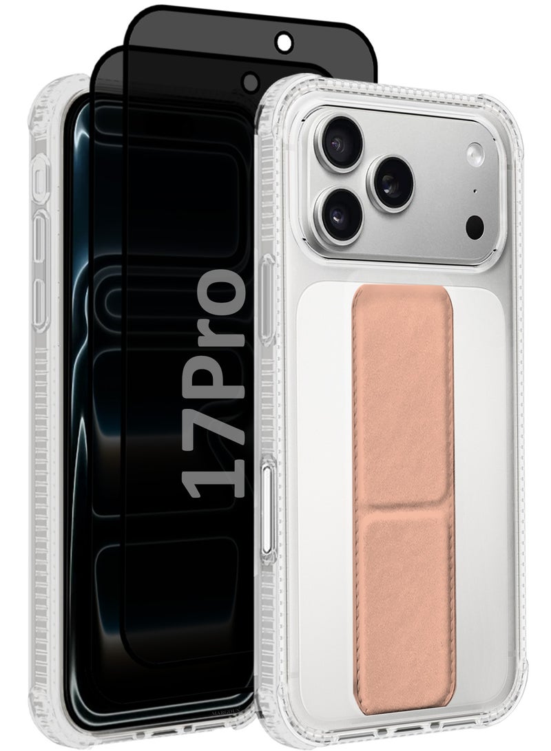 YJS 3 Packs Finger Grip Clear Case Cover for iPhone 17 Pro- Kickstand Car Magnetic Holder Multi-function Protective Two-in-one Case with Two Privacy Screen Protectors - Pink - Image 1
