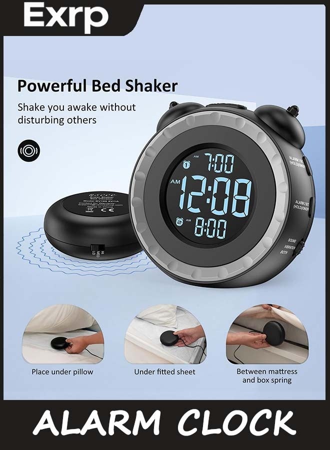 Exrp Loud Dual Alarm Clock with Bed Shaker - 0-100% Dimmer, Vibrating Alarm Clock for Heavy Sleepers or Hearing Impaired, Easy to Set, USB Charging Port, Snooze, Battery Backup - Image 4