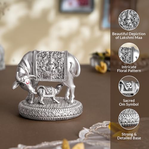 Svastika Silver-Plated Kamdhenu Cow with Calf Idol | Auspicious Vastu Remedy for Wealth & Prosperity for Weddings & Housewarming (3.5 Inch) - Image 4