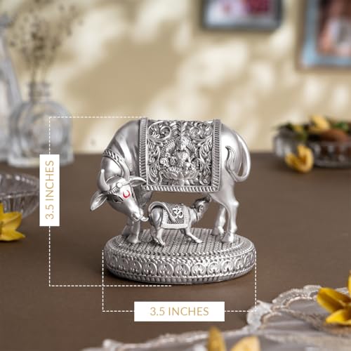 Svastika Silver-Plated Kamdhenu Cow with Calf Idol | Auspicious Vastu Remedy for Wealth & Prosperity for Weddings & Housewarming (3.5 Inch) - Image 3