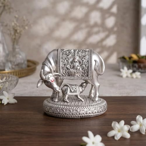 Svastika Silver-Plated Kamdhenu Cow with Calf Idol | Auspicious Vastu Remedy for Wealth & Prosperity for Weddings & Housewarming (3.5 Inch) - Image 1