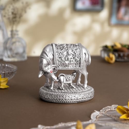 Svastika Silver-Plated Kamdhenu Cow with Calf Idol | Auspicious Vastu Remedy for Wealth & Prosperity for Weddings & Housewarming (3.5 Inch) - Image 5