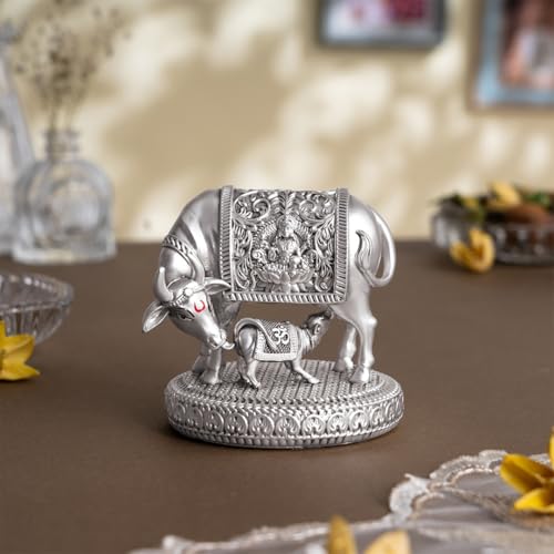 Svastika Silver-Plated Kamdhenu Cow with Calf Idol | Auspicious Vastu Remedy for Wealth & Prosperity for Weddings & Housewarming (3.5 Inch) - Image 2